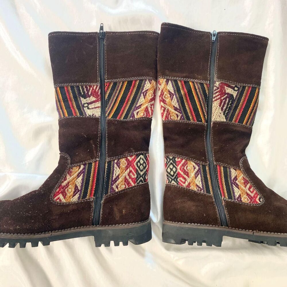 Vintage Brown Suede Southwestern Woven Textile Boots Artisan Boho Festival 8.5 - Picture 3 of 6